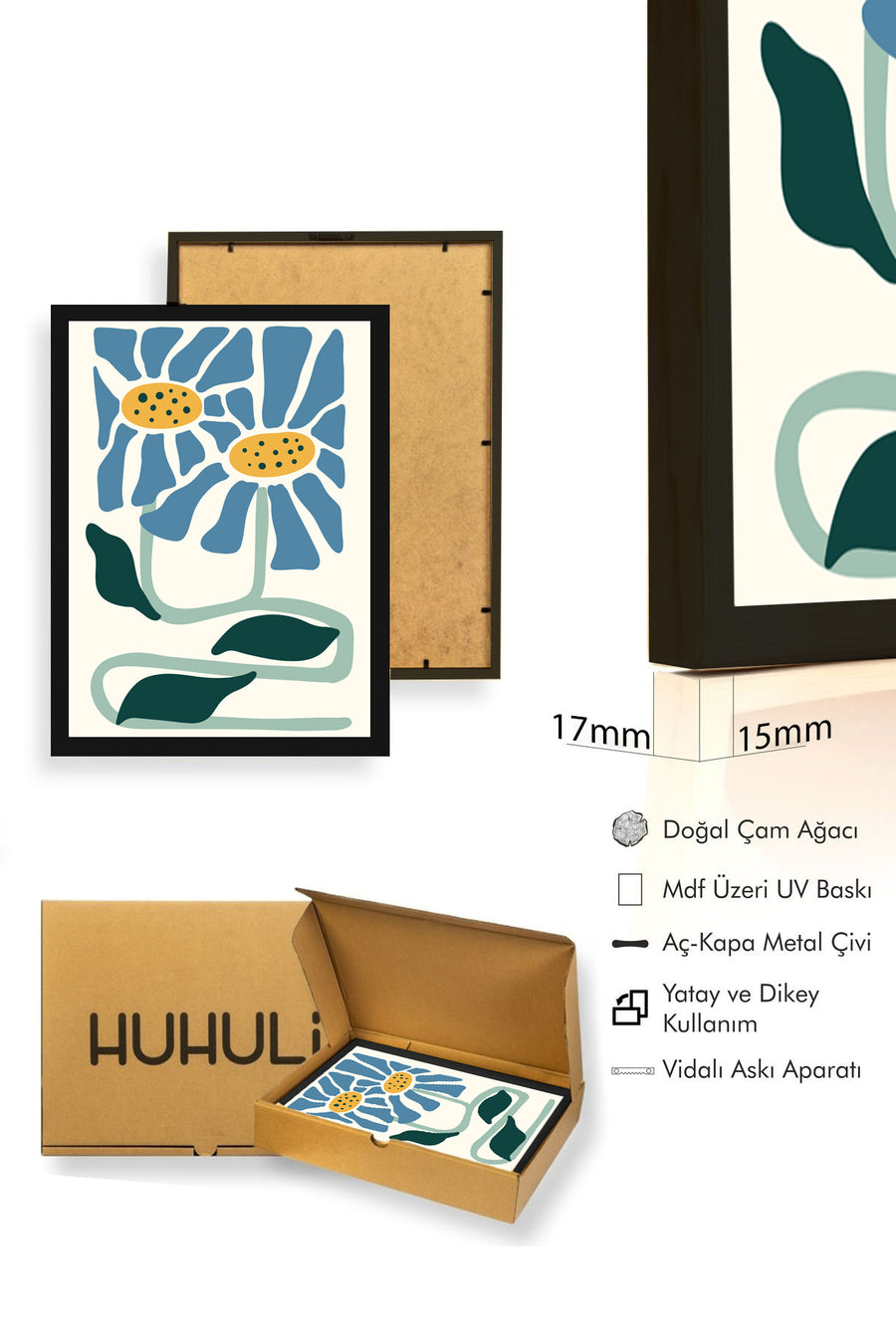 Doğal Ahşap Çerçeveli Retro Floral Tablo - Botanik Çiçek Desenli | huhu2089