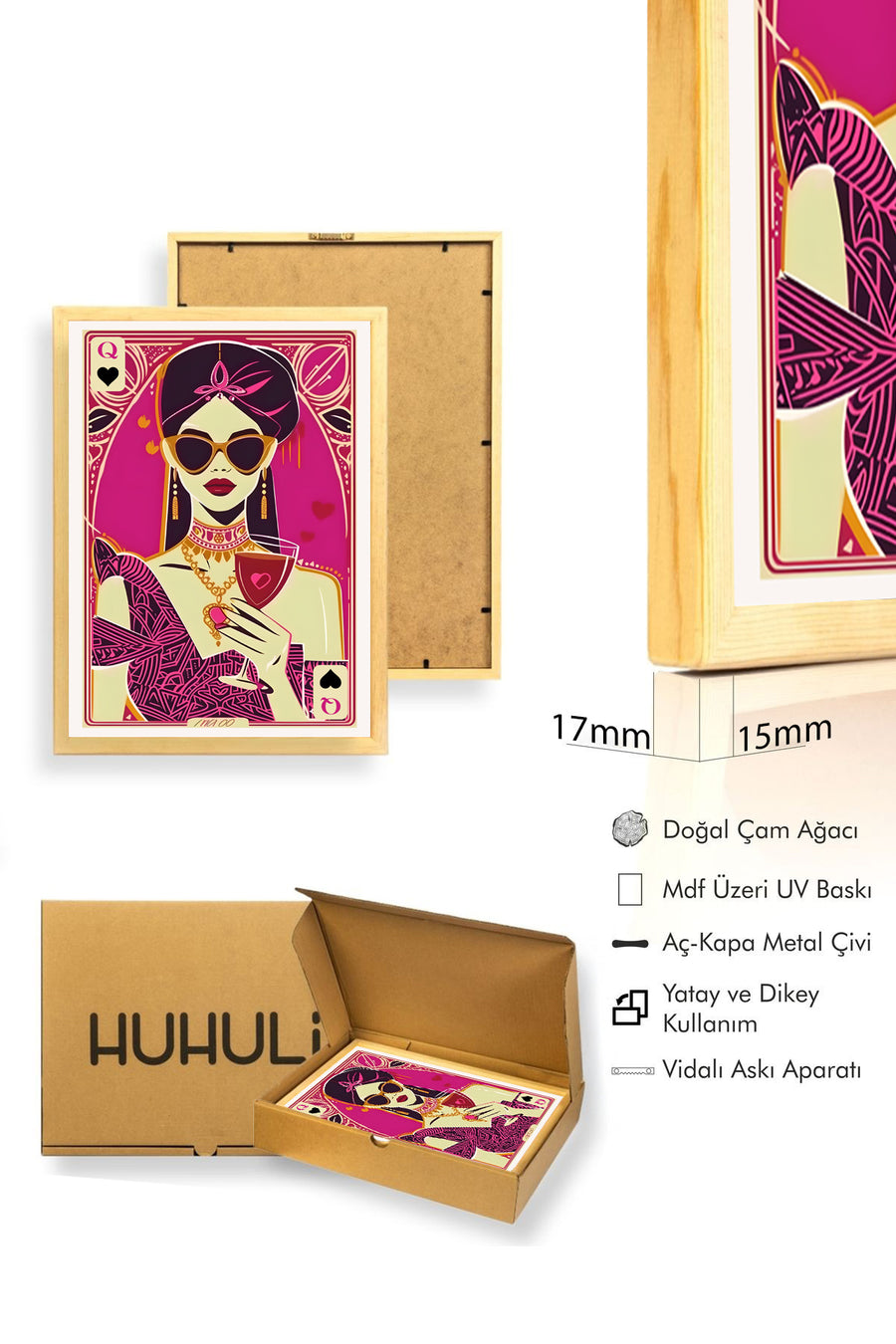 Doğal Ahşap Çerçeveli Retro Pop Art Kadın Portre Tablo - Magenta Tonlar | huhu2094