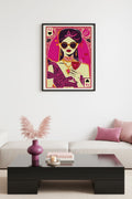 Doğal Ahşap Çerçeveli Retro Pop Art Kadın Portre Tablo - Magenta Tonlar | huhu2094