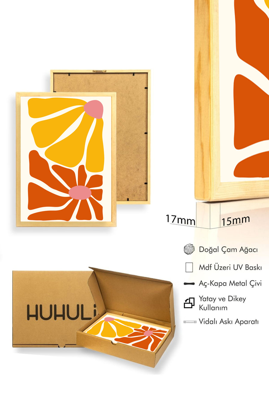 Doğal Ahşap Çerçeveli Retro Tablo - Canlı Sarı Turuncu Çiçek Desenli | huhu2095