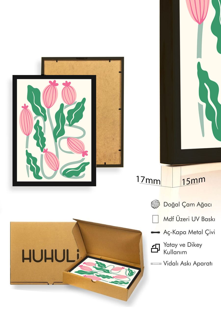 Doğal Ahşap Çerçeveli Retro Botanik Tablo - Pembe Çiçekli Yapraklar | huhu2203