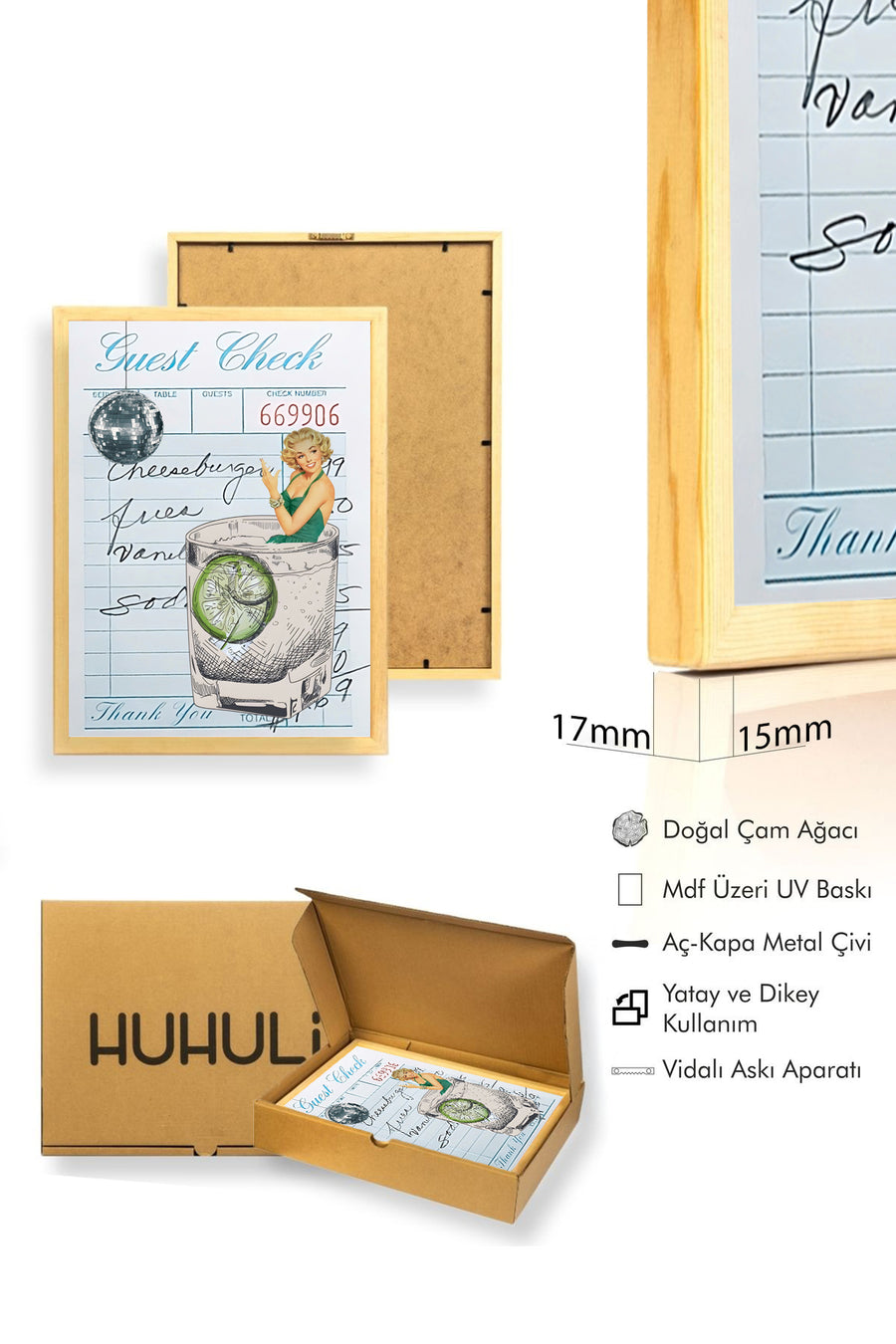 Doğal Ahşap Çerçeveli Retro Tablo - Yaz Cocktail Çizimi | huhu2205