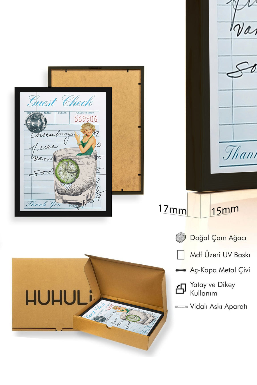 Doğal Ahşap Çerçeveli Retro Tablo - Yaz Cocktail Çizimi | huhu2205