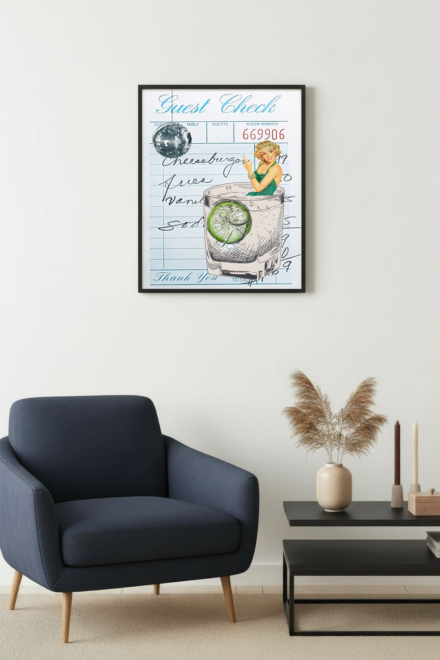 Doğal Ahşap Çerçeveli Retro Tablo - Yaz Cocktail Çizimi | huhu2205