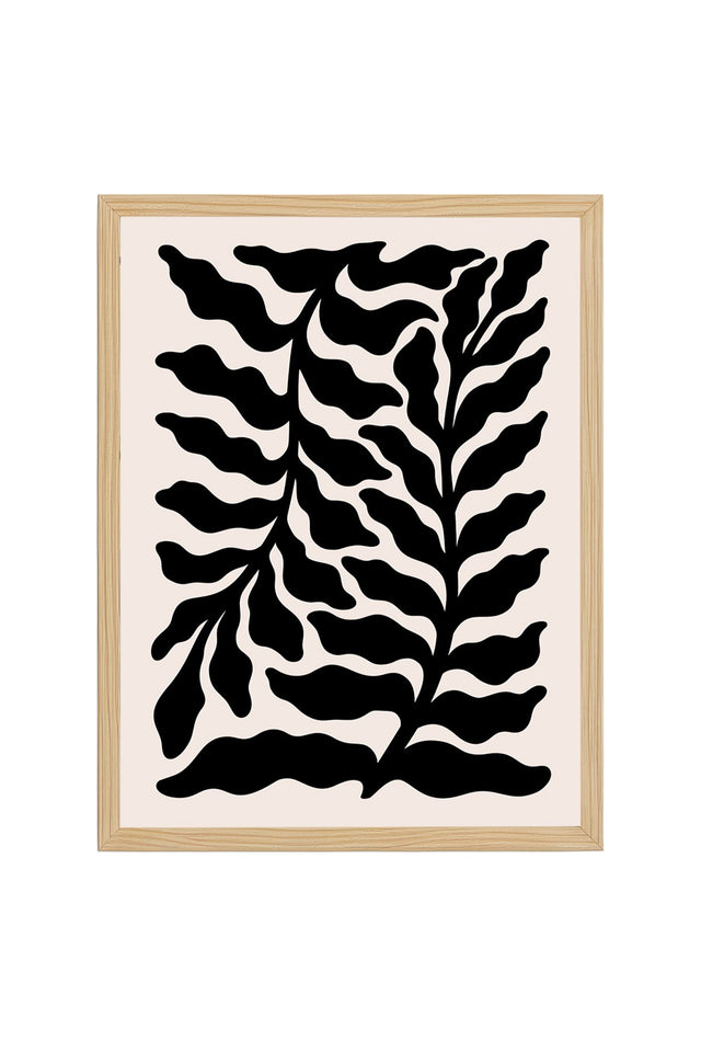 Doğal Ahşap Çerçeveli Tablo - Retro Yaprak Desenli Siyah Beyaz Grafik | huhu2208