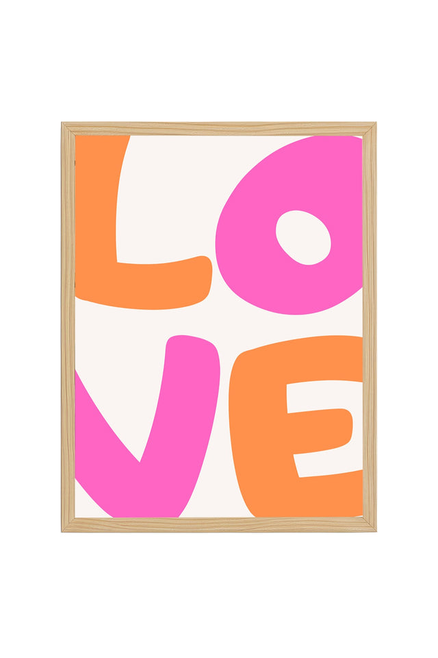 Doğal Ahşap Çerçeveli Pop Art Love Tablo - Pembe Turuncu Yazı | huhu2211