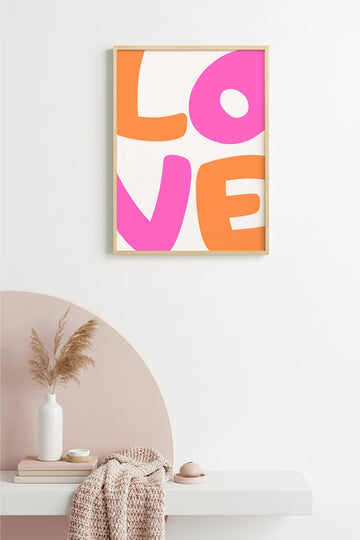 Doğal Ahşap Çerçeveli Pop Art Love Tablo - Pembe Turuncu Yazı | huhu2211