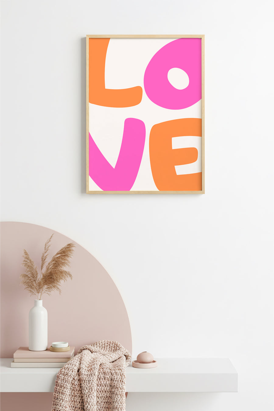 Doğal Ahşap Çerçeveli Pop Art Love Tablo - Pembe Turuncu Yazı | huhu2211
