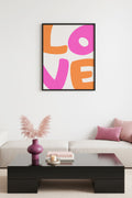 Doğal Ahşap Çerçeveli Pop Art Love Tablo - Pembe Turuncu Yazı | huhu2211