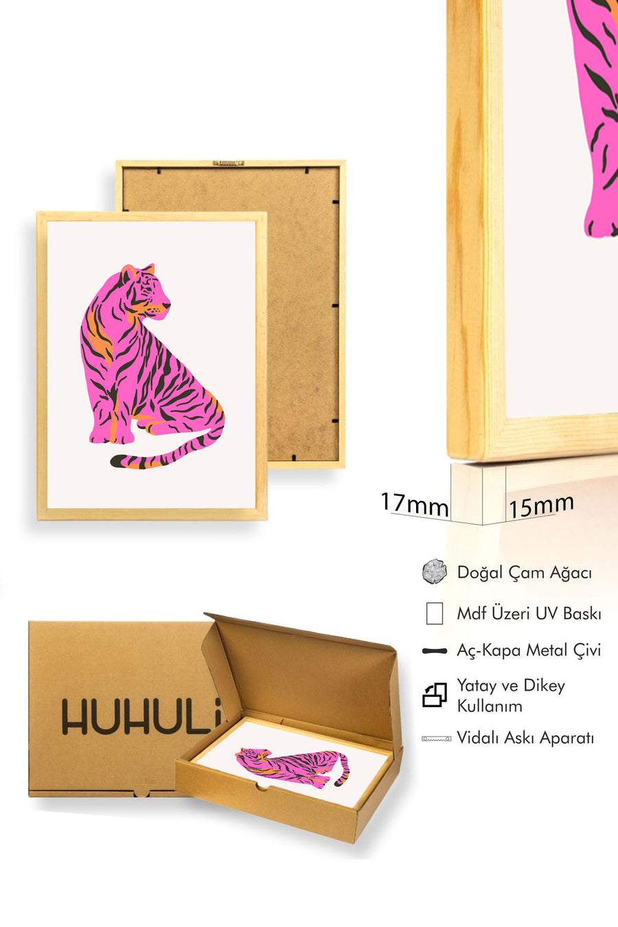 Doğal Ahşap Çerçeveli Retro Kaplan Pop Art Tablo - Pembe Tonlar | huhu2213