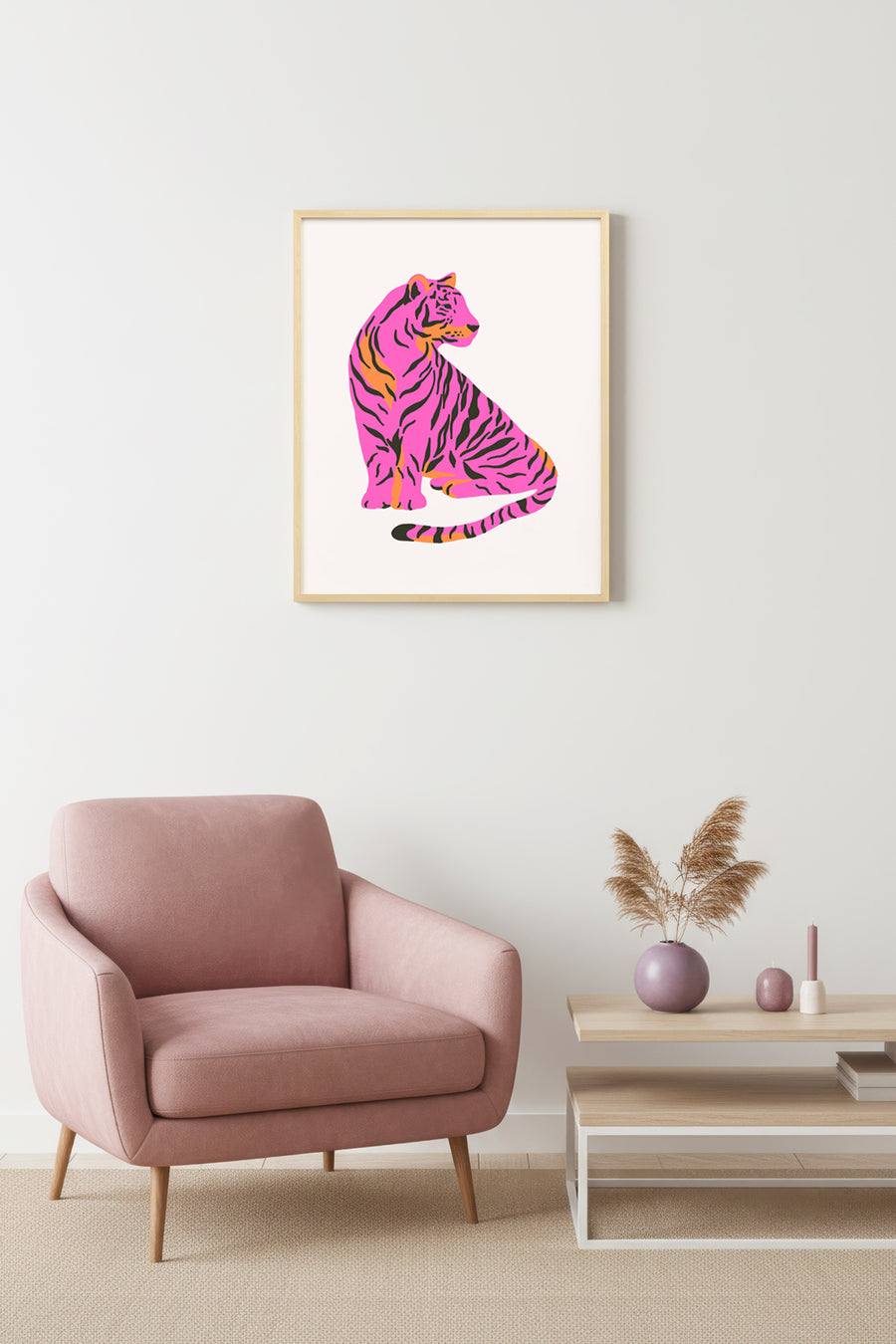 Doğal Ahşap Çerçeveli Retro Kaplan Pop Art Tablo - Pembe Tonlar | huhu2213