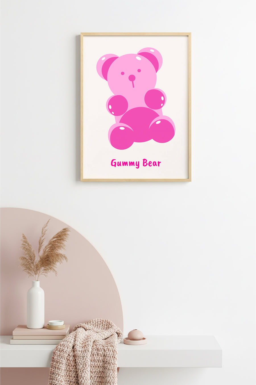 Doğal Ahşap Çerçeveli Retro Tablo - Pembe Gummy Bear Cartoon Tasarım | huhu2217