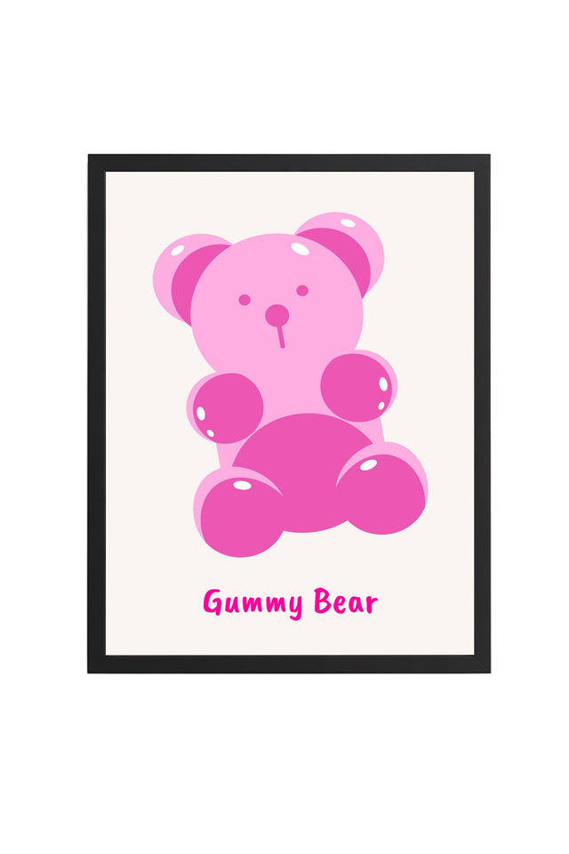 Doğal Ahşap Çerçeveli Retro Tablo - Pembe Gummy Bear Cartoon Tasarım | huhu2217