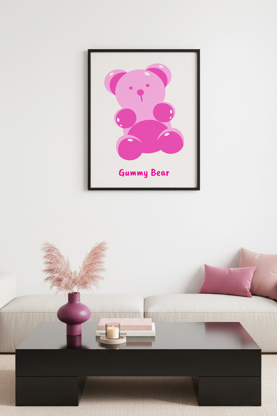 Doğal Ahşap Çerçeveli Retro Tablo - Pembe Gummy Bear Cartoon Tasarım | huhu2217