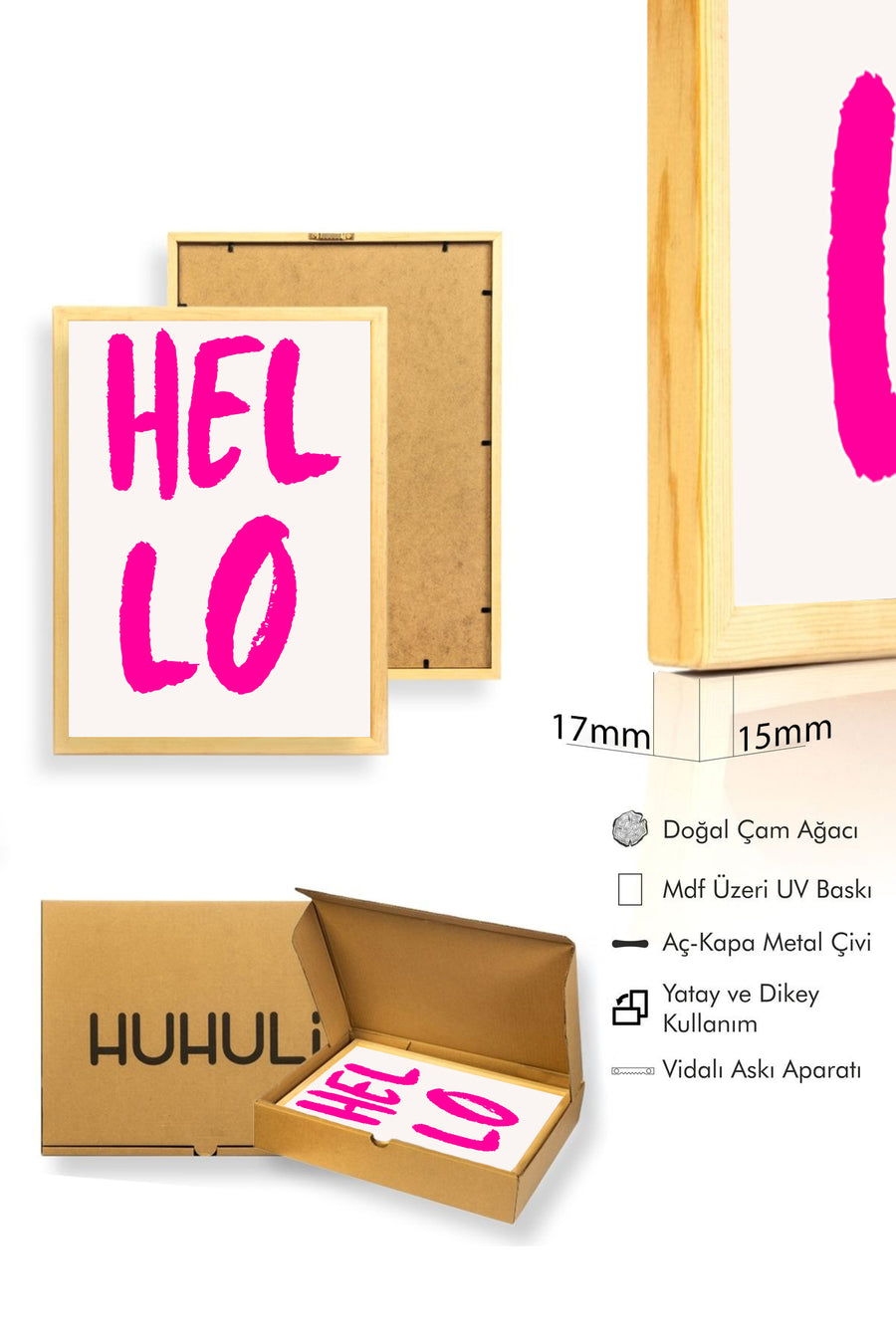 Doğal Ahşap Çerçeveli Retro Tablo - Hello Yazılı Pembe Tipografi Tablo | huhu2219