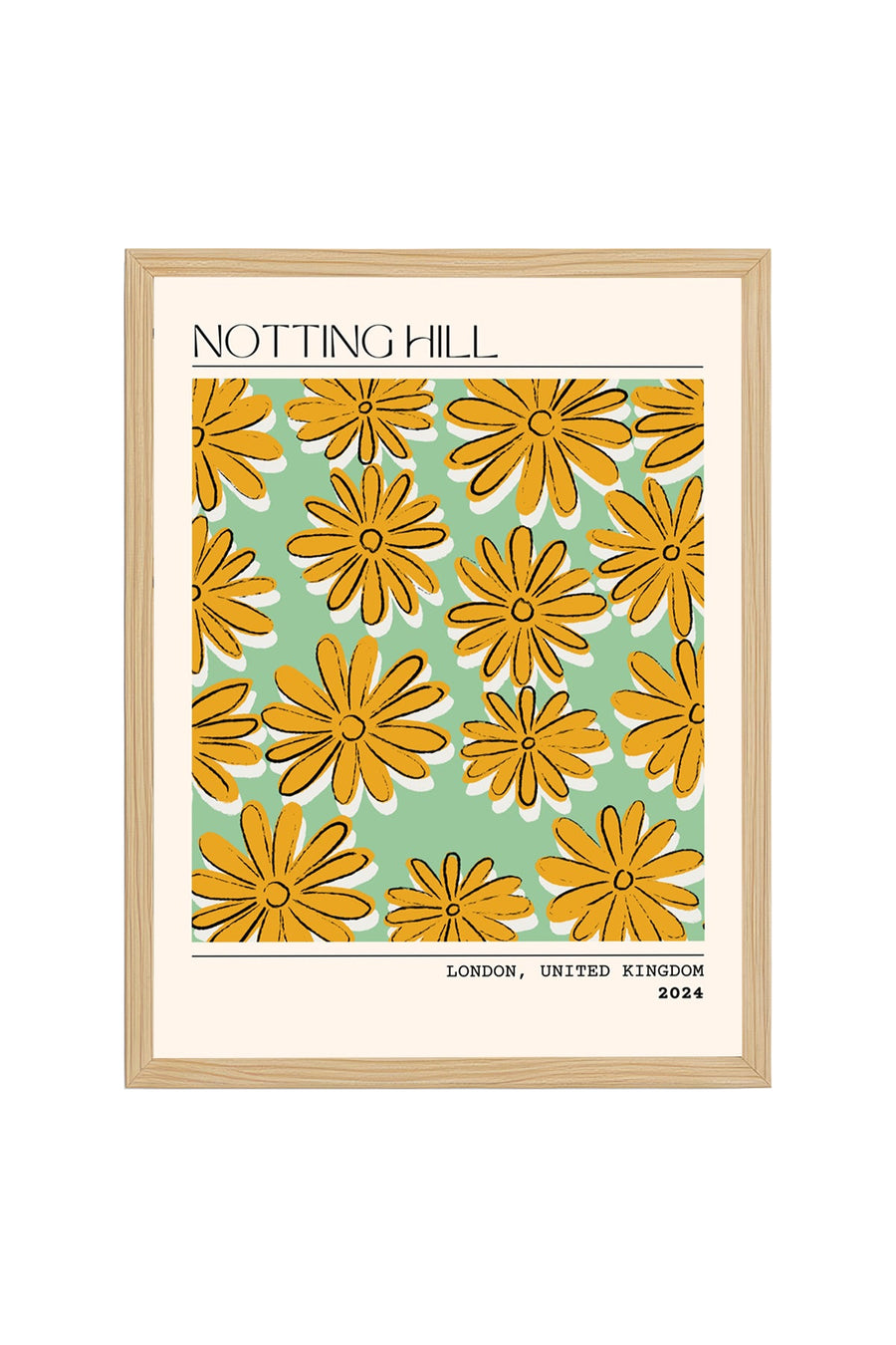 Doğal Ahşap Çerçeveli Retro Çiçekli Tablo - Sarı Yeşil Desenli | huhu2227