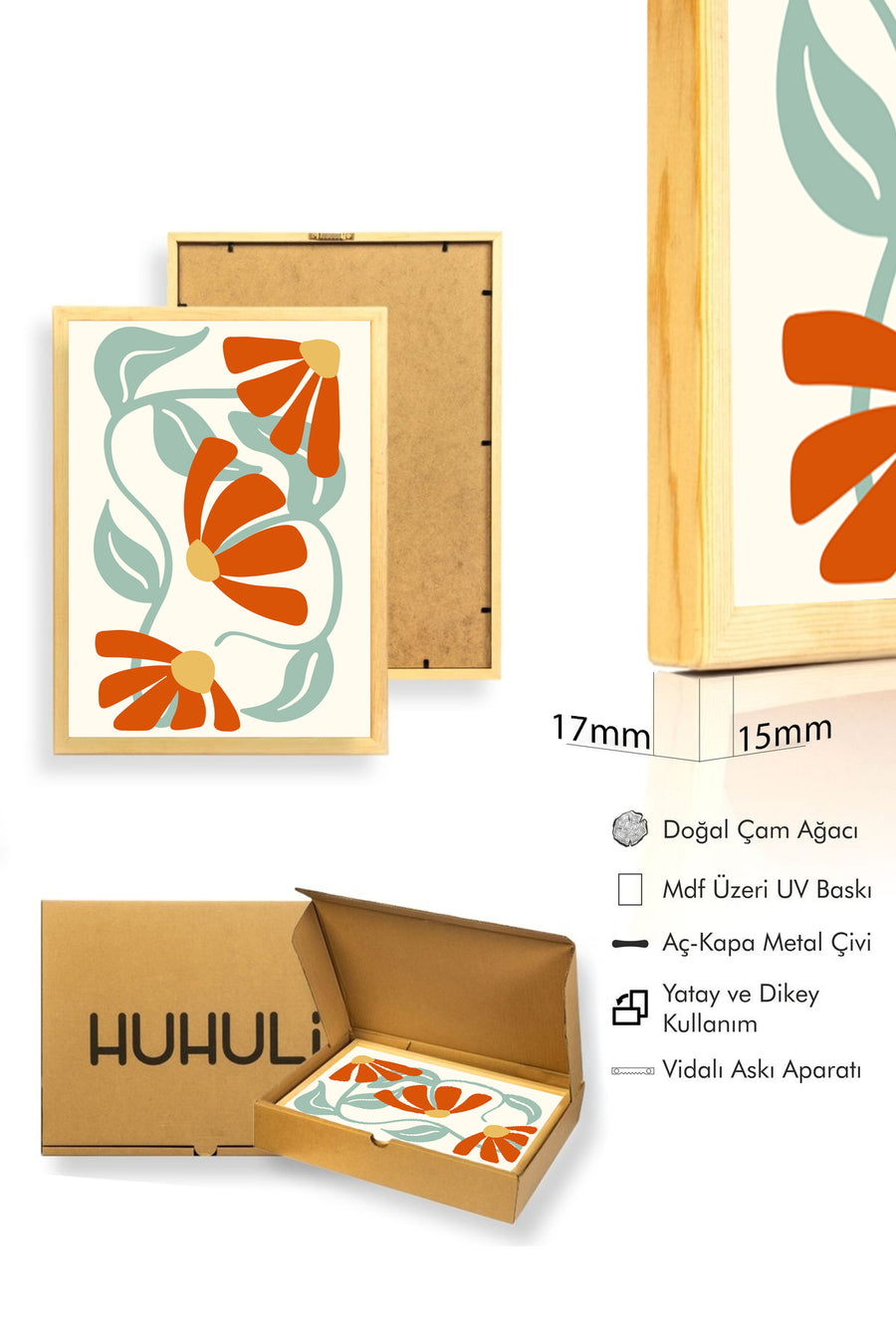 Doğal Ahşap Çerçeveli Retro Floral Tablo - Turuncu Çiçekler ve Yapraklar | huhu2229