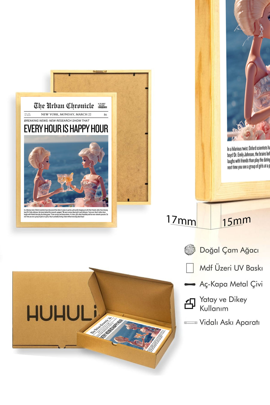 Doğal Ahşap Çerçeveli Retro Kadın Portresi Tablo - Vintage Dostluk Teması | huhu2230