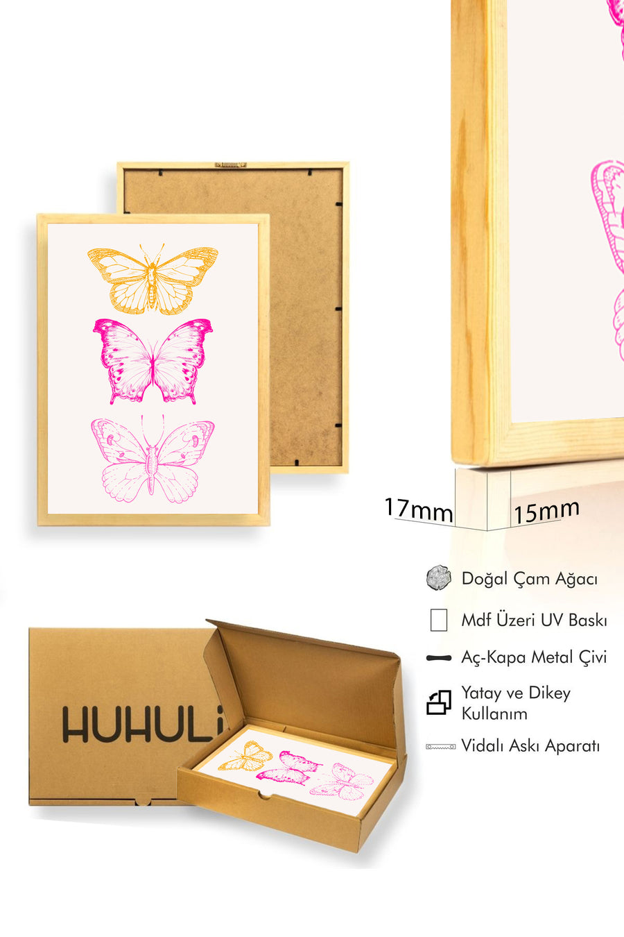 Doğal Ahşap Çerçeveli Retro Kelebek Tablo - Pastel Tonlar | huhu2233
