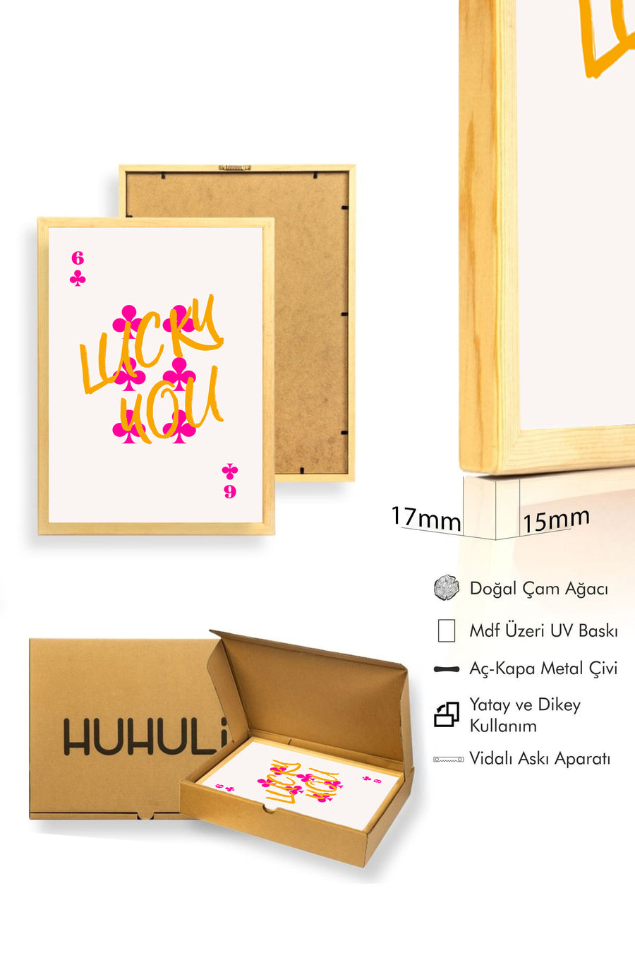 Doğal Ahşap Çerçeveli Retro Pop Art Tablo - Pembe ve Turuncu Lucky You | huhu2237