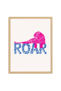 Doğal Ahşap Çerçeveli Retro Kaplan Tablo - Pembe ve Mavi Roar Deseni | huhu2239