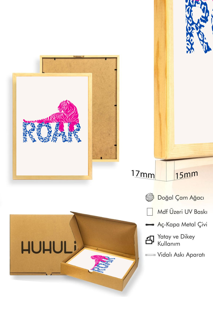 Doğal Ahşap Çerçeveli Retro Kaplan Tablo - Pembe ve Mavi Roar Deseni | huhu2239