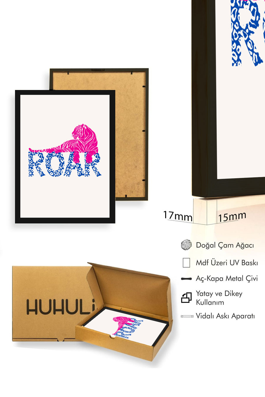 Doğal Ahşap Çerçeveli Retro Kaplan Tablo - Pembe ve Mavi Roar Deseni | huhu2239