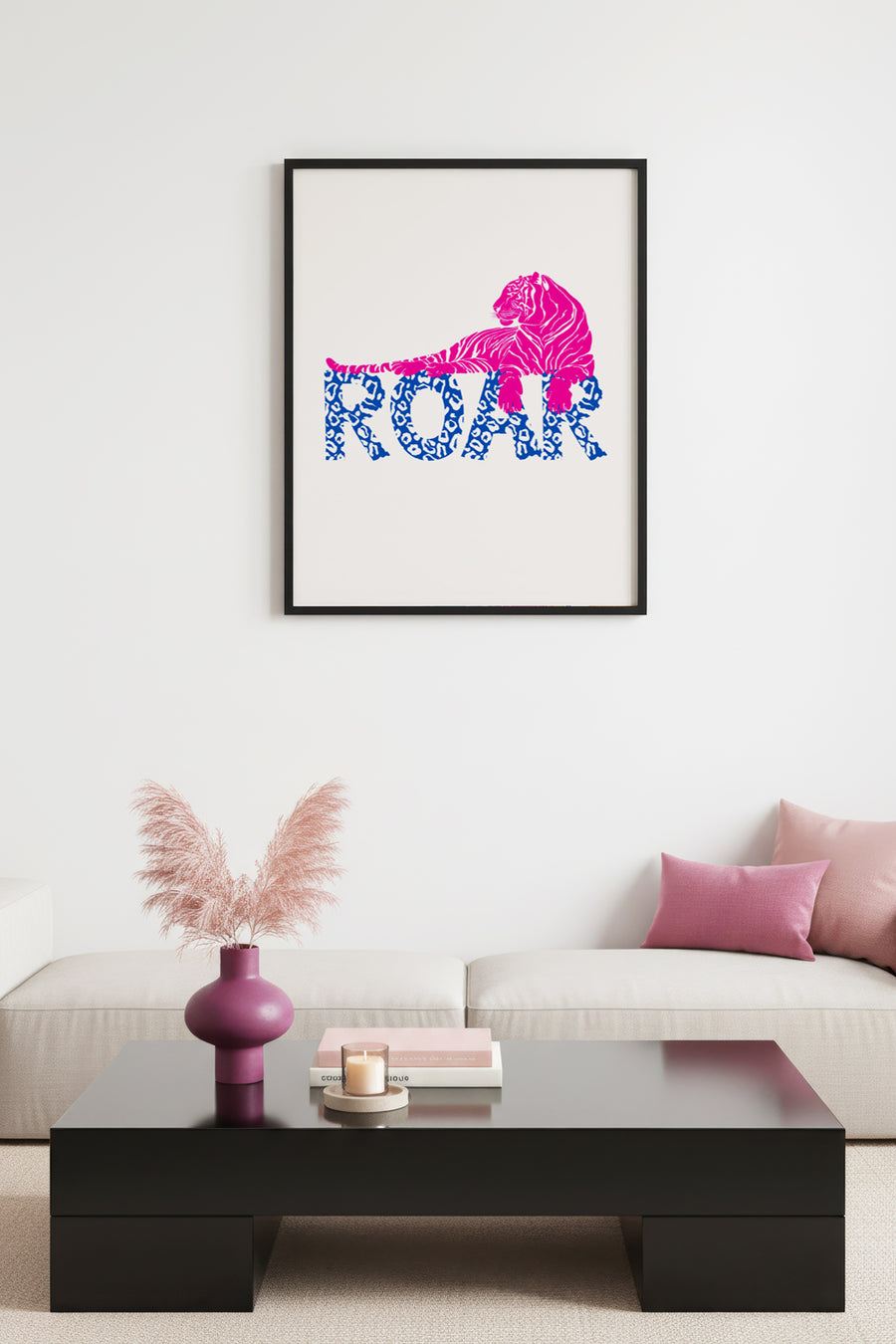 Doğal Ahşap Çerçeveli Retro Kaplan Tablo - Pembe ve Mavi Roar Deseni | huhu2239