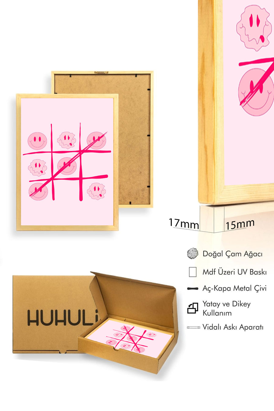 Doğal Ahşap Çerçeveli Retro Tablo - Smiley Doodle | huhu2244