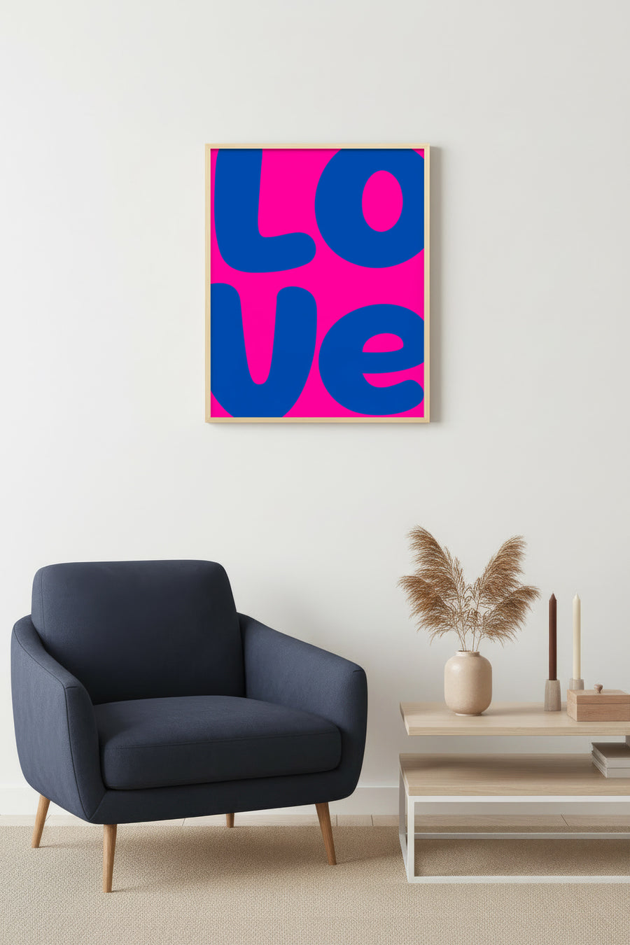 Doğal Ahşap Çerçeveli Pop Art Love Tablo - Retro Pembe Mavi | huhu2247