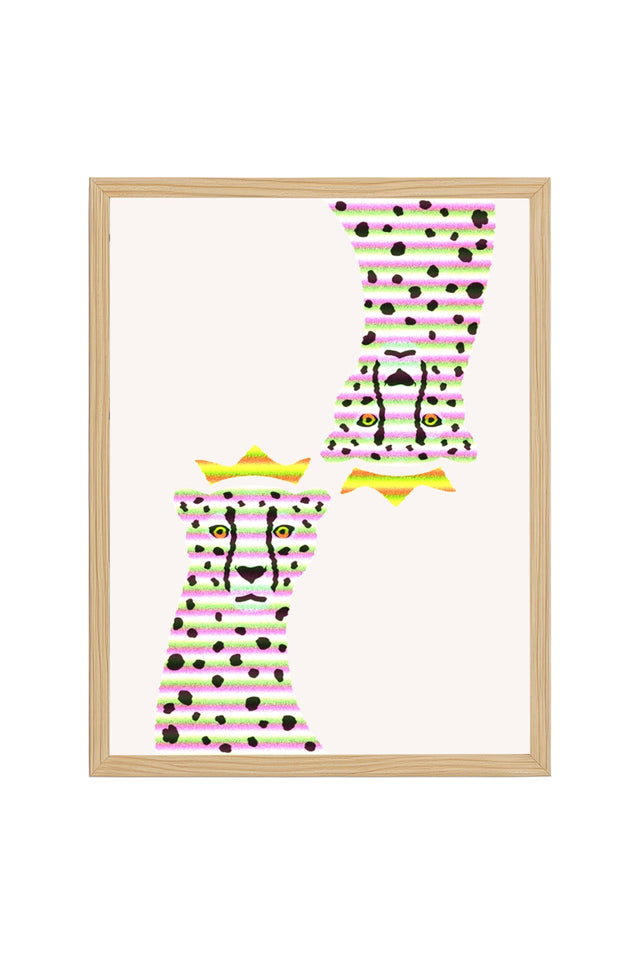 Doğal Ahşap Çerçeveli Retro Tablo - Leopar Desenli Pop Art Soyut | huhu2250