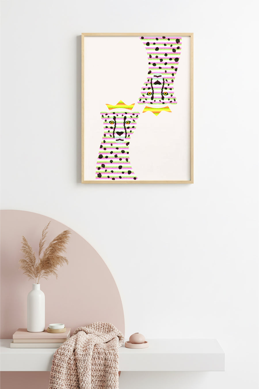 Doğal Ahşap Çerçeveli Retro Tablo - Leopar Desenli Pop Art Soyut | huhu2250