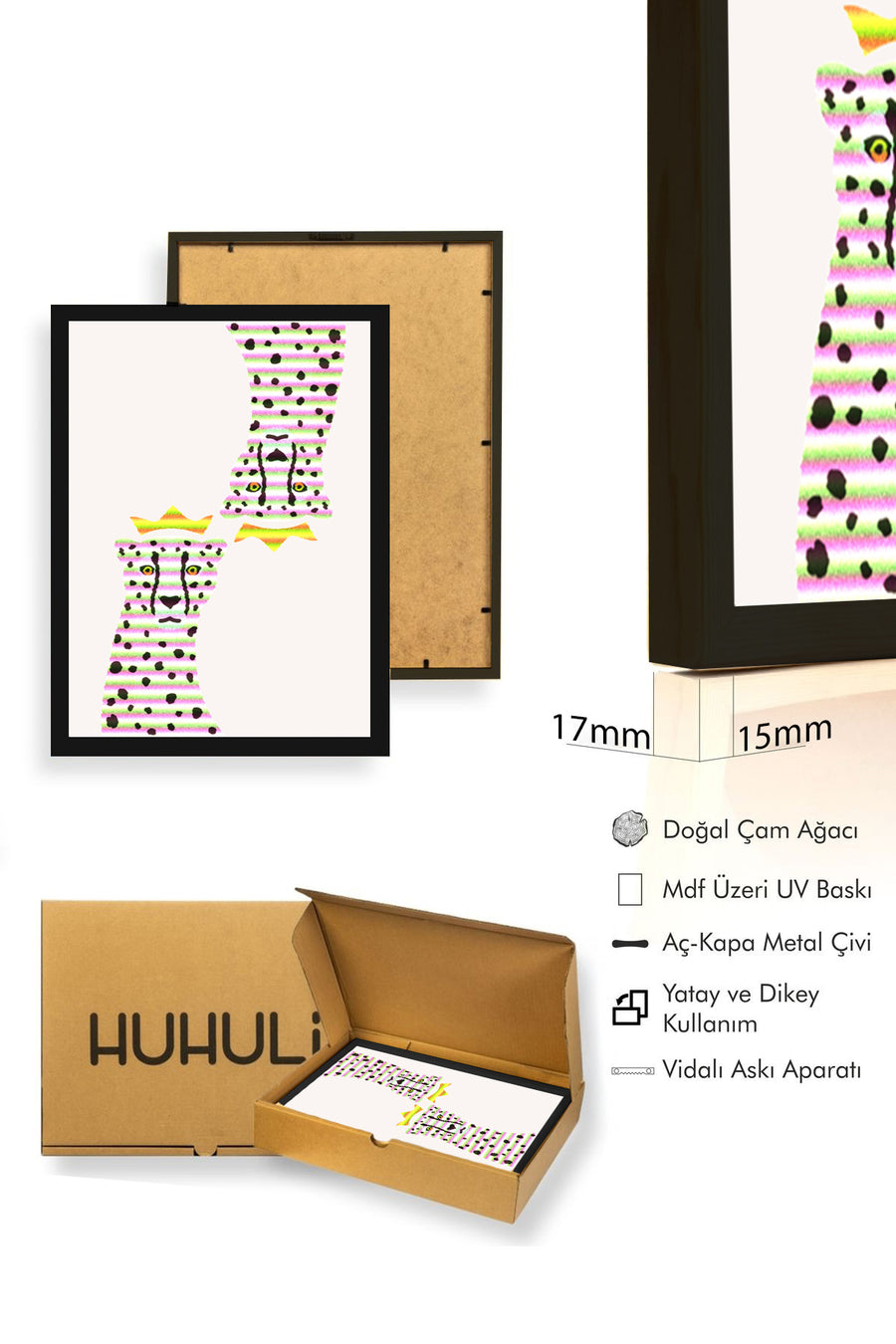 Doğal Ahşap Çerçeveli Retro Tablo - Leopar Desenli Pop Art Soyut | huhu2250