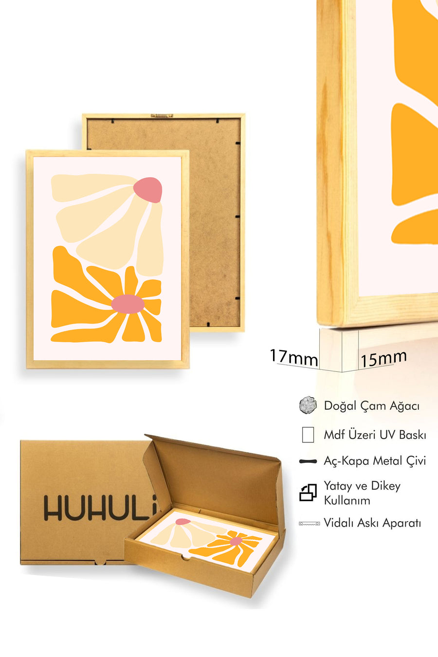 Doğal Ahşap Çerçeveli Retro Tablo - Soyut Çiçek Pop Art | huhu2254