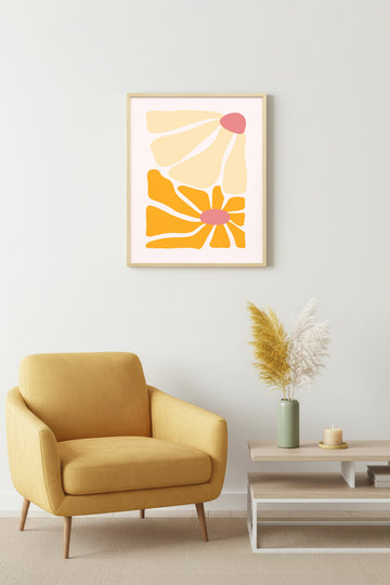 Doğal Ahşap Çerçeveli Retro Tablo - Soyut Çiçek Pop Art | huhu2254