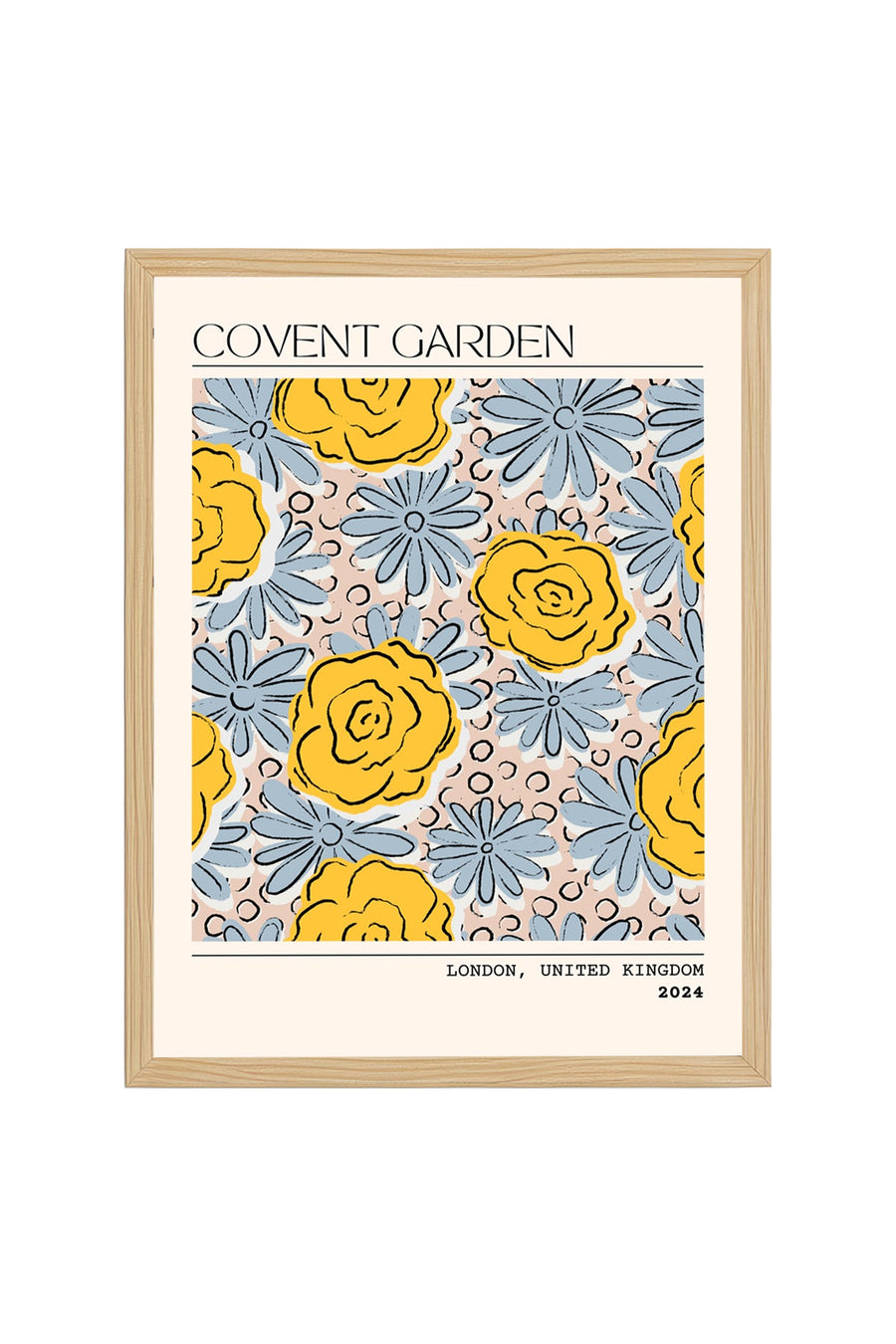 Doğal Ahşap Çerçeveli Retro Çiçek Desenli Tablo - Sarı Mavi Tonlar | huhu2255