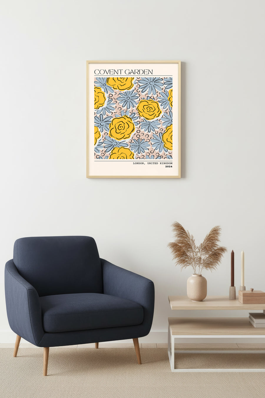 Doğal Ahşap Çerçeveli Retro Çiçek Desenli Tablo - Sarı Mavi Tonlar | huhu2255