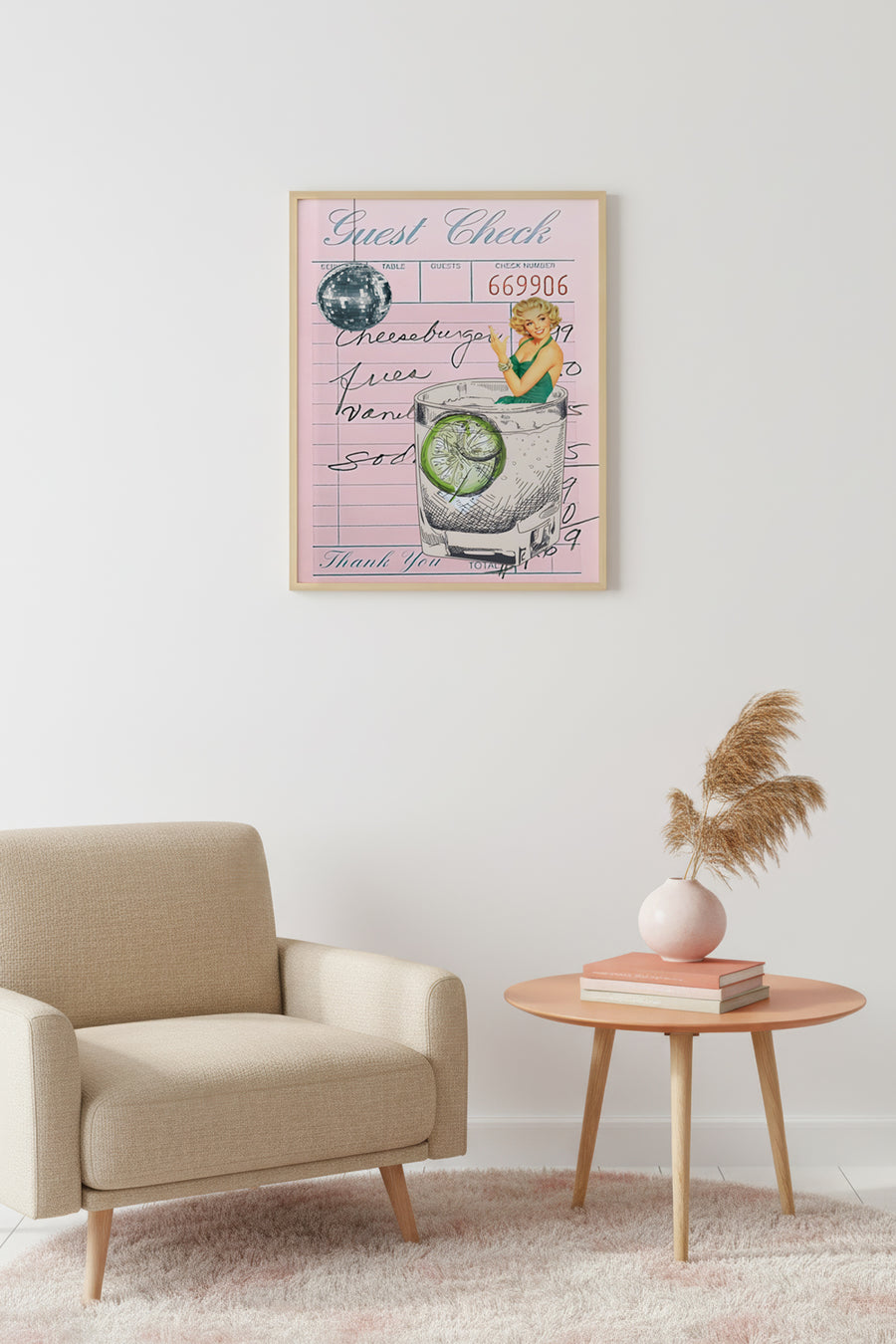 Doğal Ahşap Çerçeveli Retro Tablo - Vintage Kadın Portresi ve Yaz Teması | huhu2259