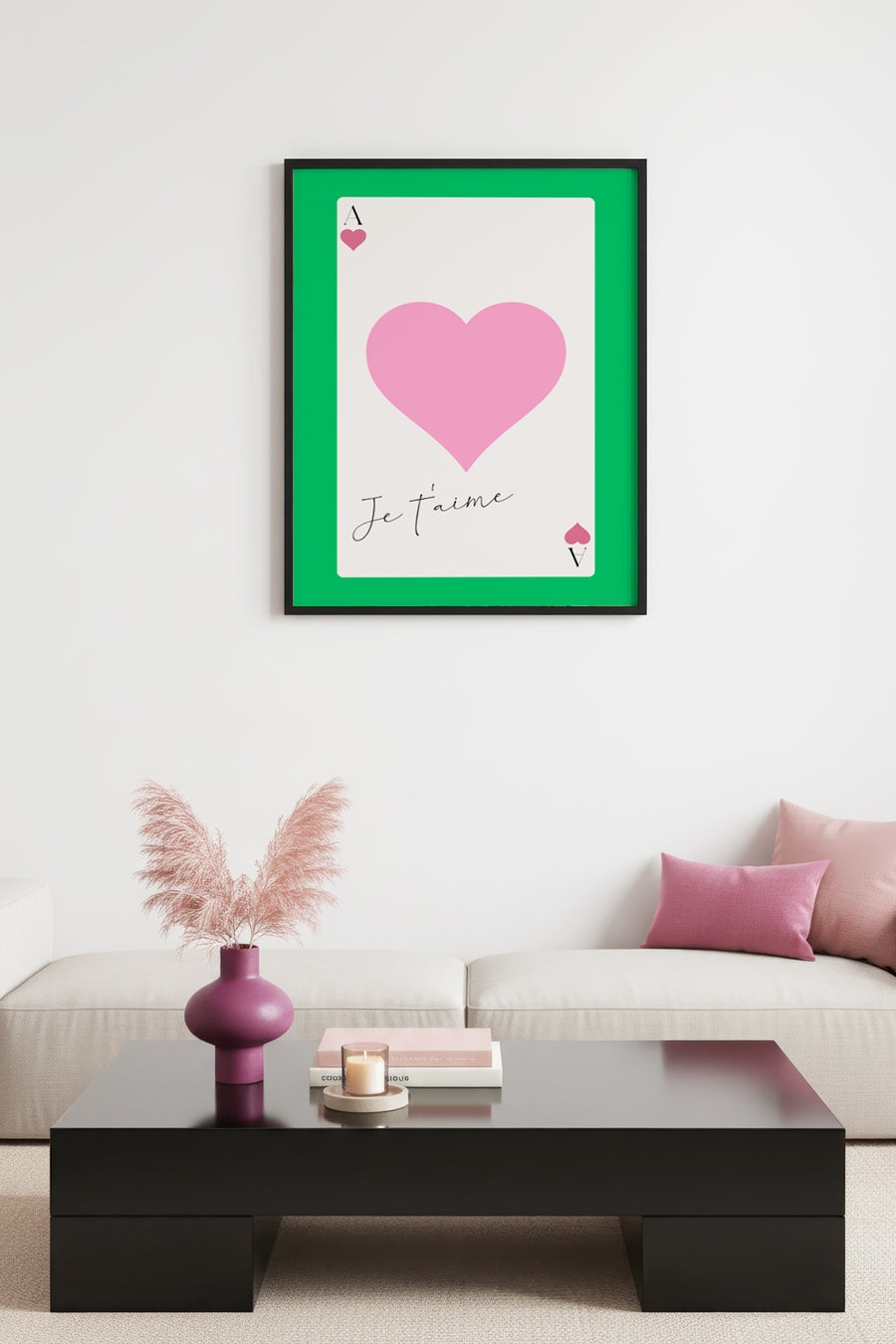 Doğal Ahşap Çerçeveli Retro Tablo - Pembe Kalp Aşk Temalı | huhu2261