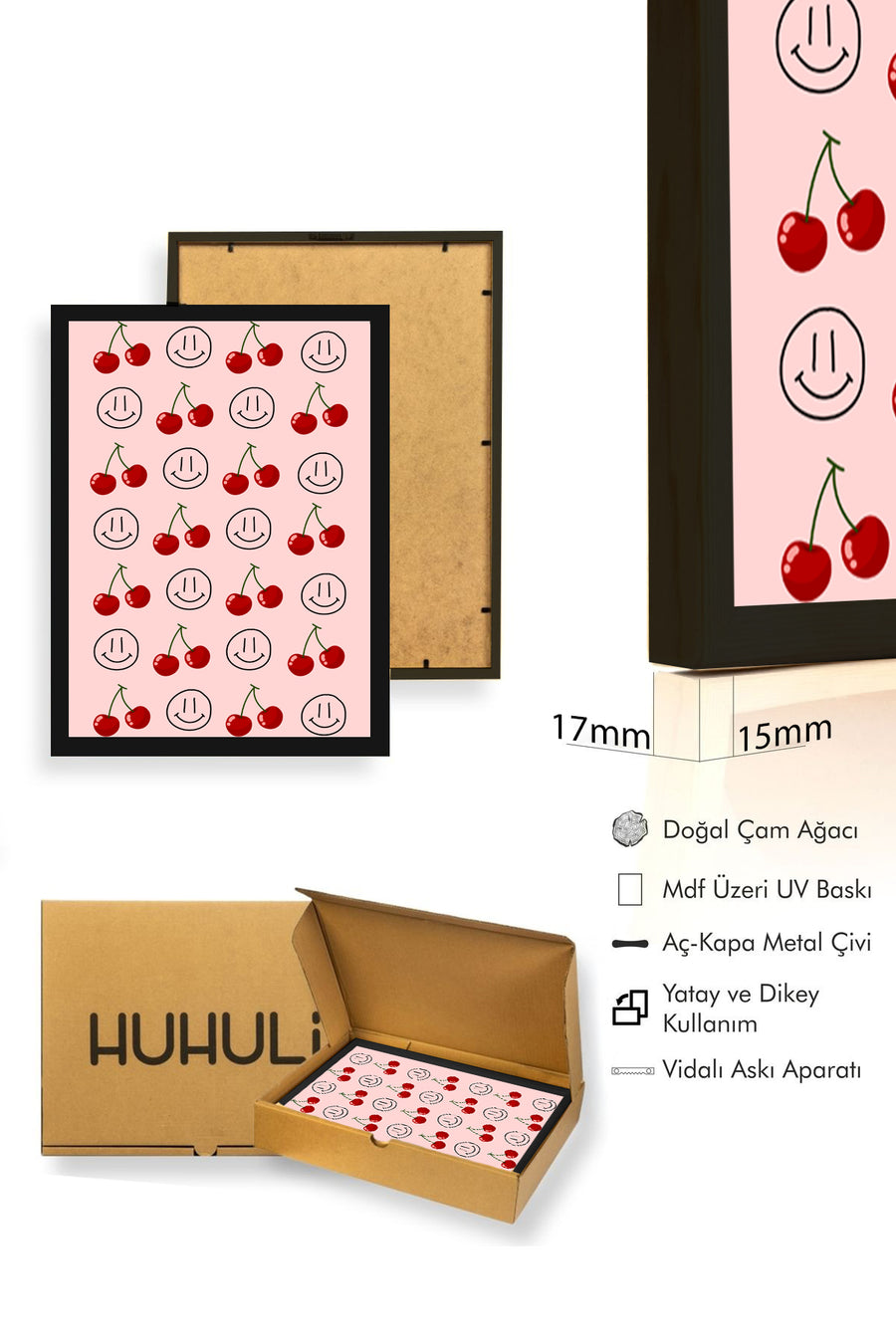 Doğal Ahşap Çerçeveli Retro Tablo - Çilek Desenli Neşeli Tablo | huhu2262