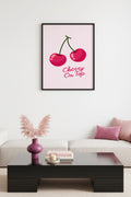 Doğal Ahşap Çerçeveli Retro Tablo - Cherry On Top Kiraz Desenli | huhu2264