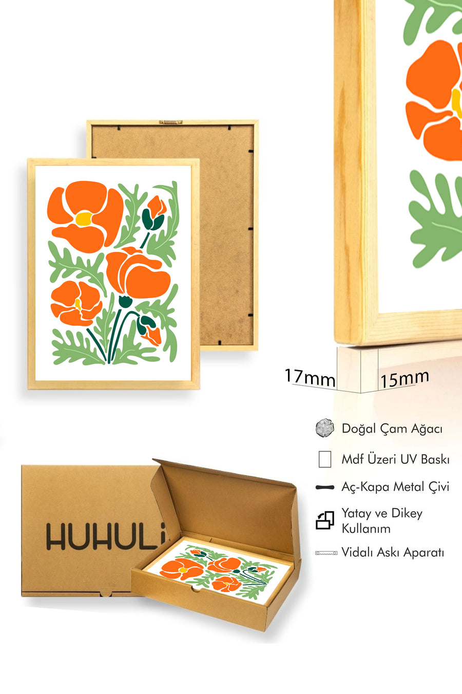 Doğal Ahşap Çerçeveli Retro Çiçek Tablo - Turuncu Yeşil Botanik Desen | huhu2265