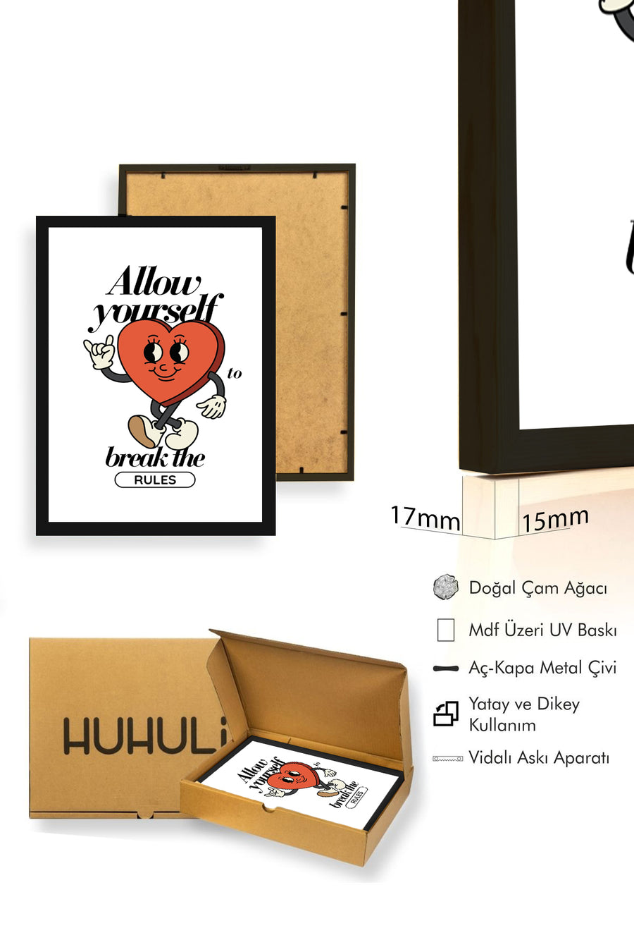Doğal Ahşap Çerçeveli Retro Kalp Tablo - Kural Bozma Pop Art | huhu2267