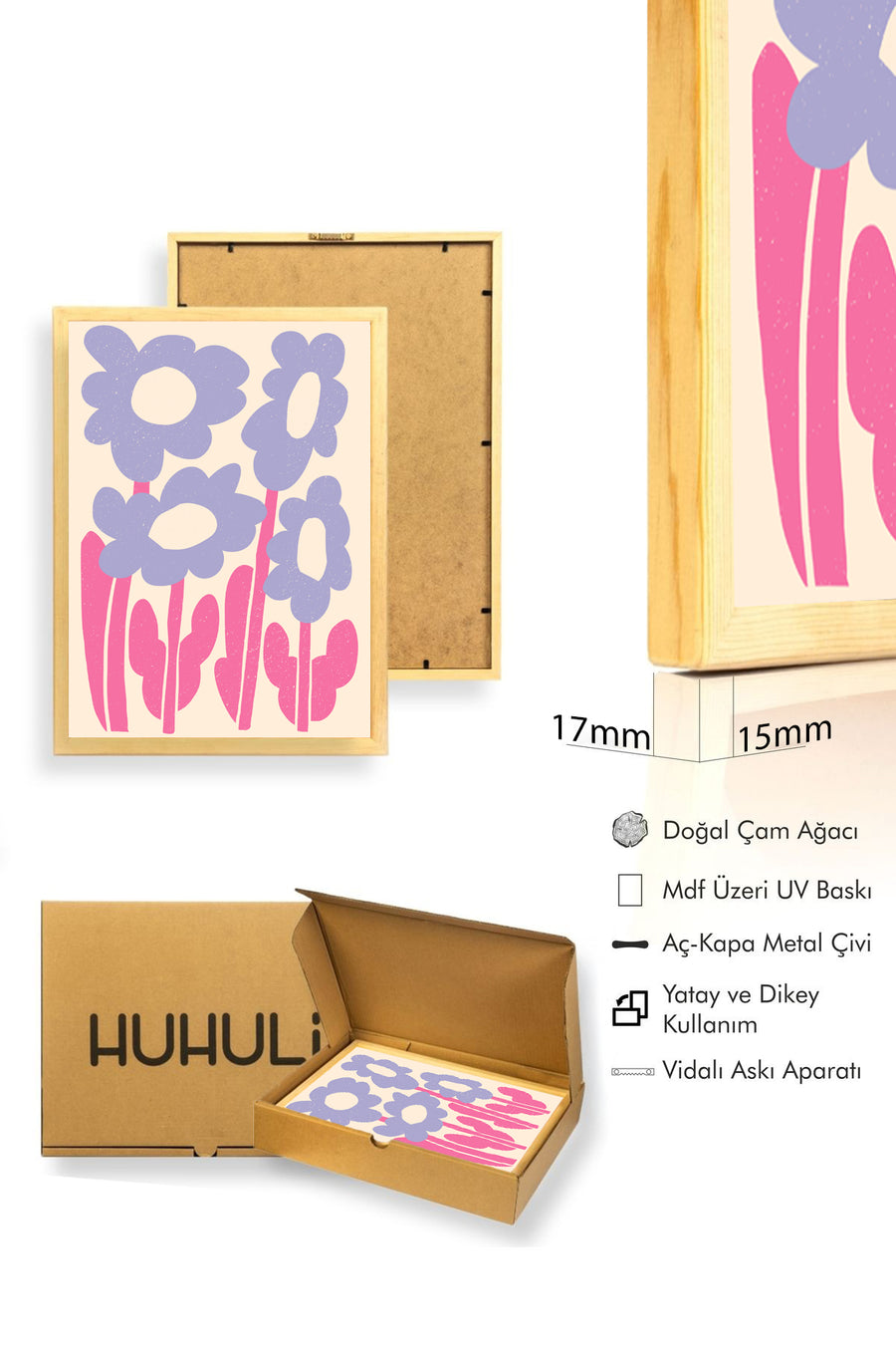 Doğal Ahşap Çerçeveli Pop Art Çiçek Tablo - Retro Pembe Lila Desen | huhu2270