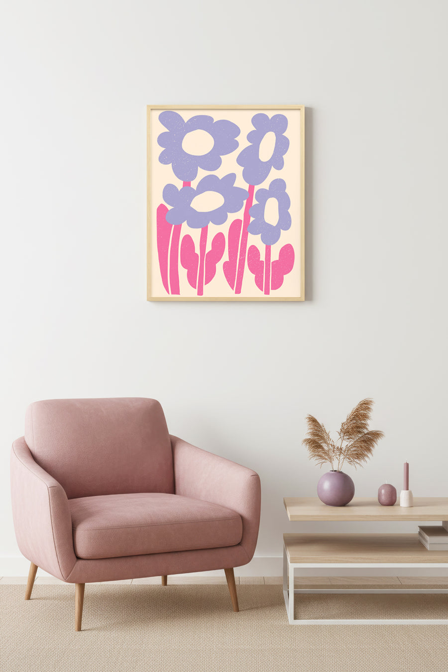 Doğal Ahşap Çerçeveli Pop Art Çiçek Tablo - Retro Pembe Lila Desen | huhu2270