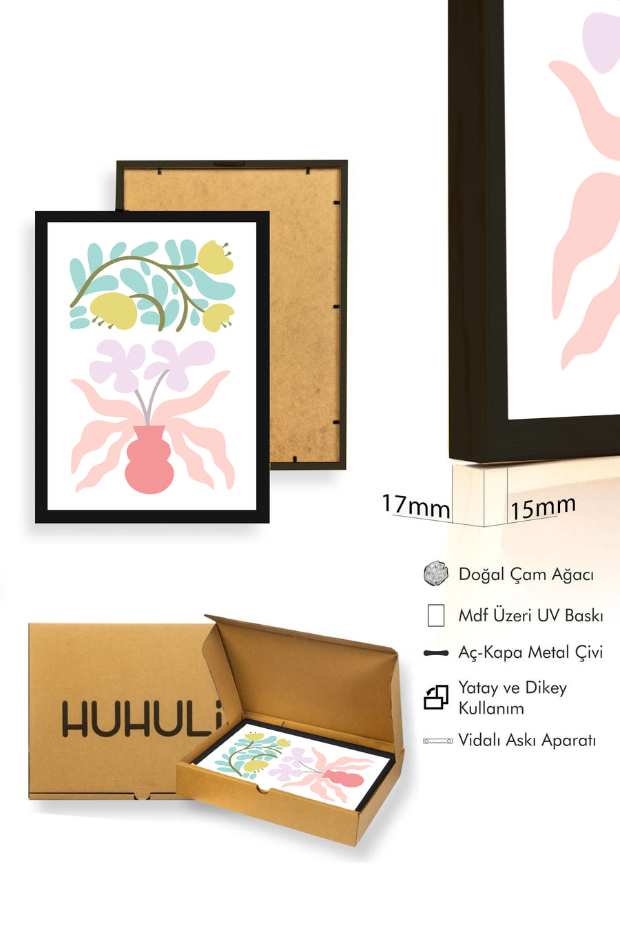Doğal Ahşap Çerçeveli Retro Çiçek Tablo - Pastel Botanik Buket Desen | huhu2271