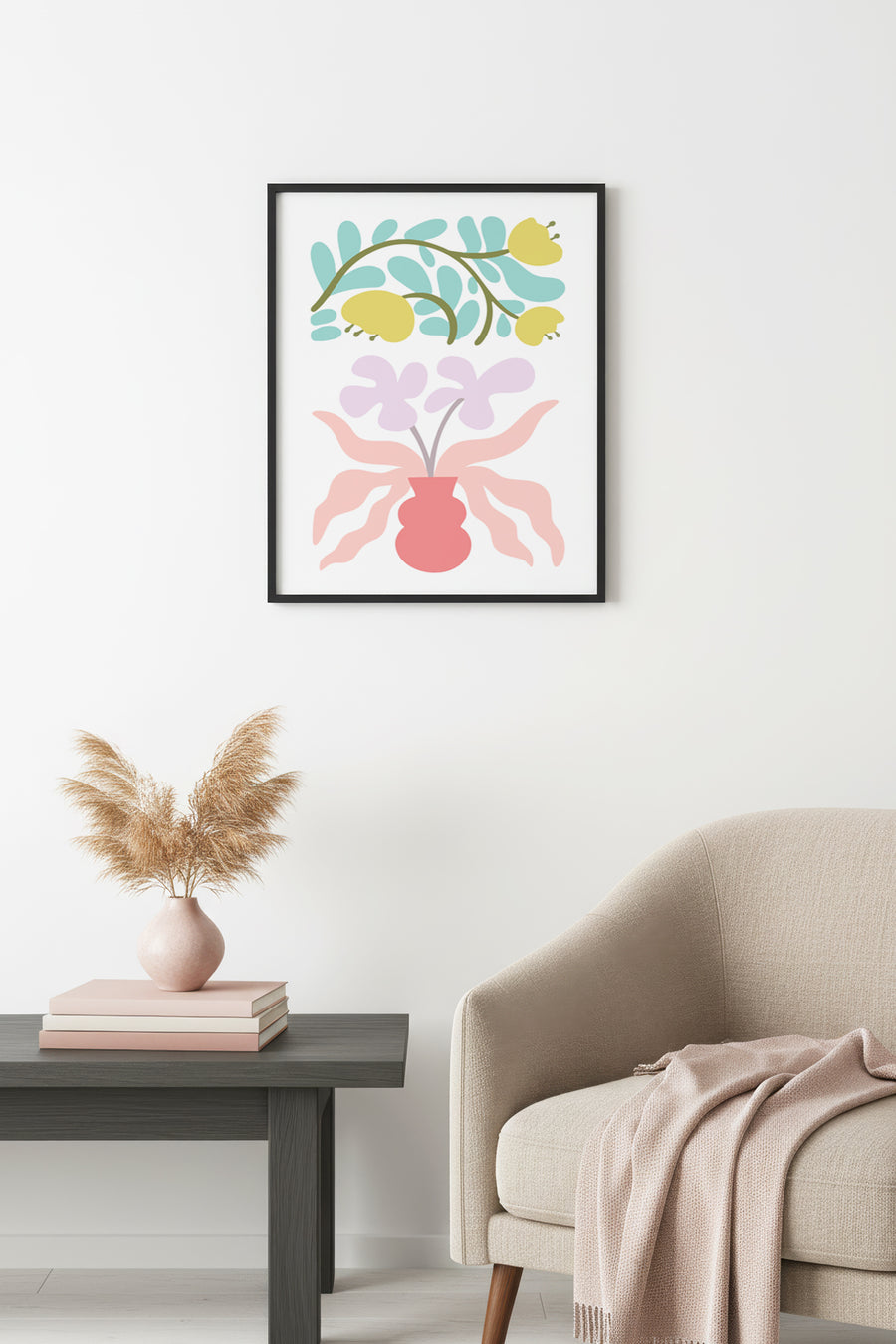 Doğal Ahşap Çerçeveli Retro Çiçek Tablo - Pastel Botanik Buket Desen | huhu2271