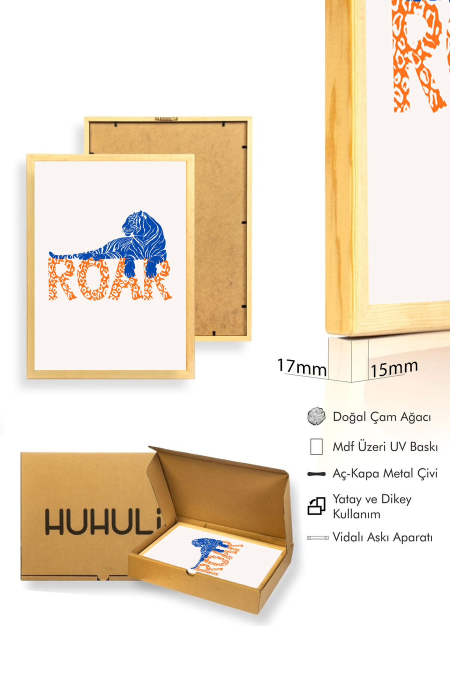 Doğal Ahşap Çerçeveli Retro Kaplan Desenli Tablo - Orman Temalı | huhu2272