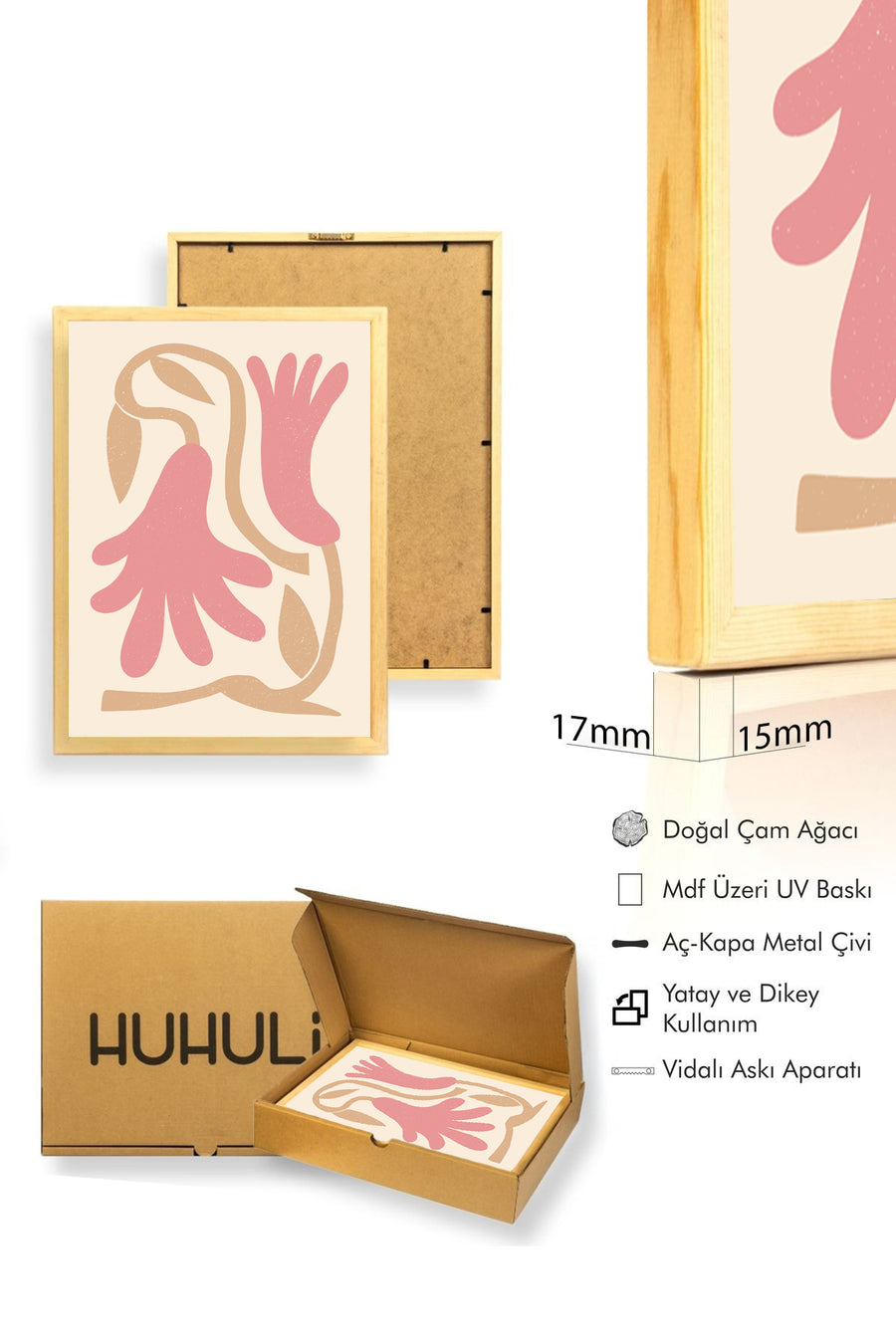 Doğal Ahşap Çerçeveli Retro Floral Tablo - Boho Çiçek Desenli Pastel Tonlar | huhu2273
