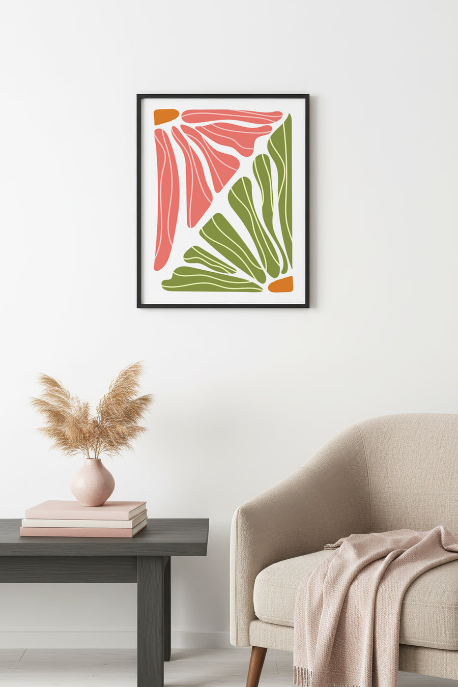 Doğal Ahşap Çerçeveli Retro Botanik Soyut Tablo - Pembe Yeşil Yaprak Desen | huhu2277